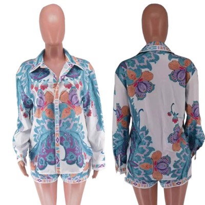Women's Printed Long Sleeve Casual Two Piece Shorts Set