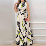 Summer Print Sleeveless Belt Maxi Dress