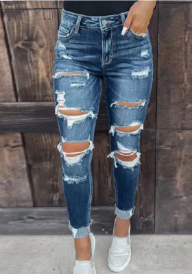 Spring Summer Chic Tight Fitting Trendy Stretch Ripped Denim Pants Tight Jeans