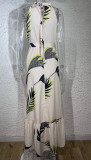 Summer Print Sleeveless Belt Maxi Dress