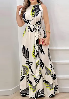 Summer Print Sleeveless Belt Maxi Dress