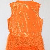 Fashionable Round Neck Sleeveless Solid Color Irregular Fur Hem Dress