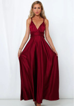 Deep V Neck Sleeveless Lace-Up Sexy Low Back High Waist Swing Satin Gown Women's Dress