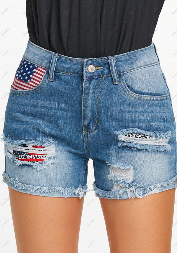 Spring/Summer Casual Ripped Print Fringe Denim Shorts