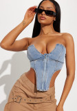 Open Waist Zip Wash Denim Sexy Strapless Vest Top Women