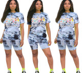 Women's Cartoon Tie Dye Printed Sports Casual Two-Piece Shorts Set