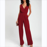 Women's Sexy Lace Low Back Deep V Neck Solid Sleeveless Jumpsuit