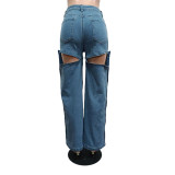 Casual Denim Pants Fashion Slit Hollow Out Jeans