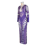 Women's Sexy Ripped Tight Fitting Hollow Out Beaded Print Maxi Dress