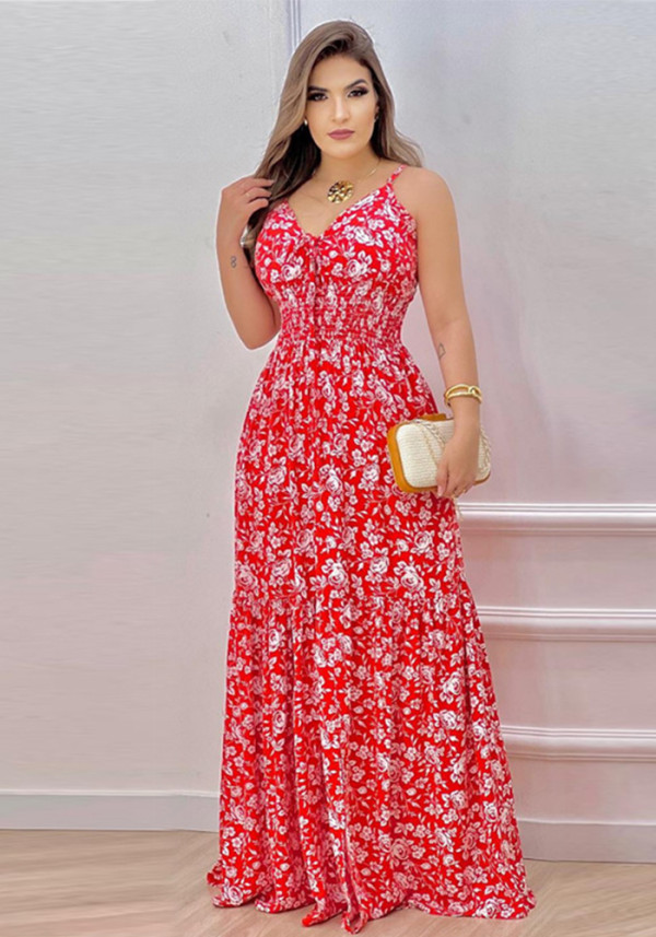 Summer Sexy Print Straps Slim Waist Maxi Dress