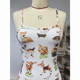 Waffle Strap Dress Women's Summer Slim Waist Fawn Print Skirt Bodycon