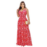 Summer Sexy Print Straps Slim Waist Maxi Dress