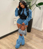 Women Casual Stretch Contrast Denim Top and Shorts Two-Piece Set