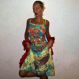 Women Summer Vintage Style Print Off Shoulder Strap Dress