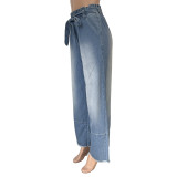 Women Casual Lace Wide Leg Denim Pants with Belt
