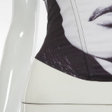 Women Black and White Printed Irregular V-Neck Strapless Top