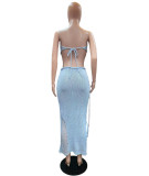 Women Sexy Wrap Backless Backless Crop Top and Skirt Two-Piece Set