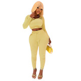 Women Long Sleeve Round Neck Solid Top and Pant Casual Two-Piece Set
