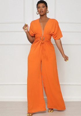 Women Solid Sexy V-Neck Bat Sleeves Lace-Up Jumpsuit
