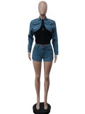 Women Casual Stretch Contrast Denim Top and Shorts Two-Piece Set