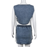 Women Summer Cutout Tie Top and Skirt Stretch Denim Two-Piece Set