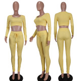 Women Long Sleeve Round Neck Solid Top and Pant Casual Two-Piece Set