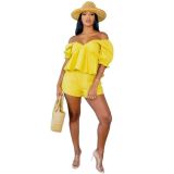 Women Casual Solid Off-Shoulder Top and Shorts Two-Piece Set