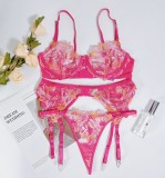 Women French Vintage Flower Embroidery See-Through Mesh Thong Sexy Lingerie Two-Piece Set
