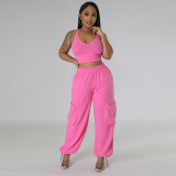 Women Sexy Sleeveless Crop Top and Pocket Wide Leg Pants Casual Two-Piece Set