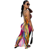 Women Summer Sexy Off Shoulder Strapless Striped Printed Slit Dress