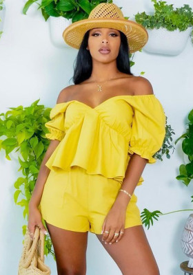 Women Casual Solid Off-Shoulder Top and Shorts Two-Piece Set