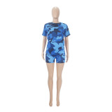 Women Casual Camouflage Print Short Sleeve Top and Short Two-Piece Set