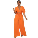 Women Solid Sexy V-Neck Bat Sleeves Lace-Up Jumpsuit