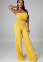 Women Solid Casual Strapless Top and Pants Two-Piece Set