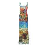 Women Summer Vintage Style Print Off Shoulder Strap Dress