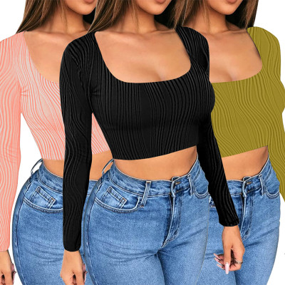 Women Square Neck Wavy Stretch Slim Sexy Top