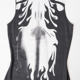 Women's Flame Print Sexy Sleeveless Tight Fitting Bodycon Dress