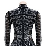 Fashion Ladies Solid Color Beaded Mesh See-Through Long Sleeve Dress