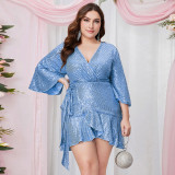 V Neck Sequin Plus Size Dress Sexy Chic Evening Mini Dress