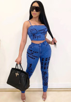 Women's High Stretch Denim Positioning Print Two-Piece Set a Tight Fitting Suspender Set