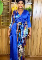Color block V-Neck Long Skirt Plus Size Dress