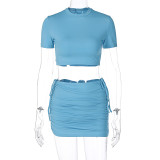 Women's Summer Fashion Crop Short Sleeve Top Slim Fit Pleated Skirt Set