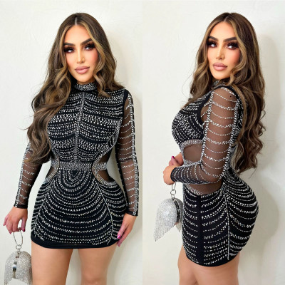 Fashion Ladies Solid Color Beaded Mesh See-Through Long Sleeve Dress