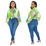 Women's Bat Sleeves Top Turndown Collar Print Shirt