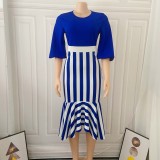 Women's Stripe Irregular Patchwork Mermaid Dress Chic Career Dress