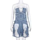 Summer Sexy Cutout Ripped Zipper Short Strapless Denim Jumpsuit Women