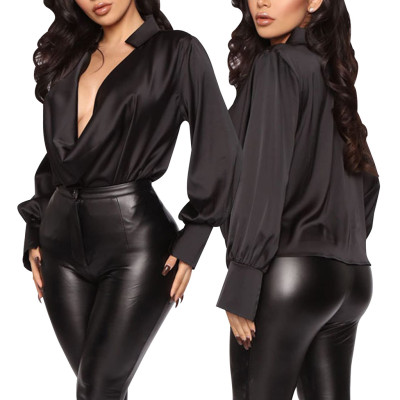 Sexy Fashion Solid Color Stretch Ladies Satin Blouse