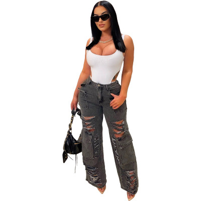 Spring Summer Fit Casual Jeans Ripped Cargo Denim Pants