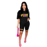 Fashion Contrast Sport Round Neck Print Short Sleeve Women's Two-Piece T-Shirt Shorts Set