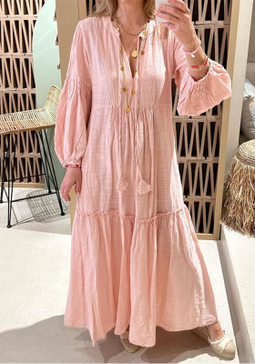 Spring Women's Fashion V-Neck Puff Sleeve Bohemian Linen Dress